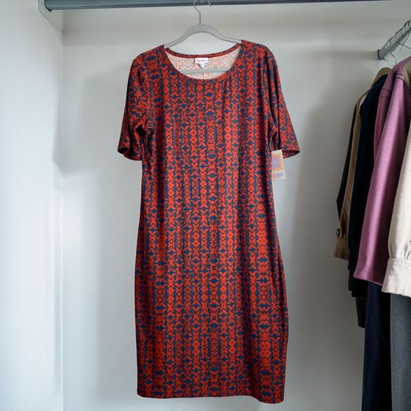LuLaRoe Dresses & Skirts - LuLaRoe Julia Dress XL NWT T-Shirt Midi Bodycon Stretch Geometric Orange Navy